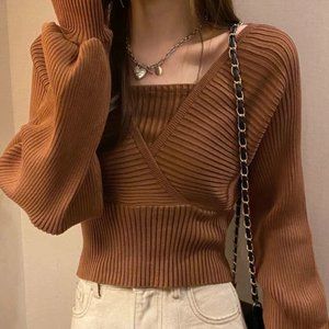 Deeptown Knitted Crop Sweater Brown/Pink/White